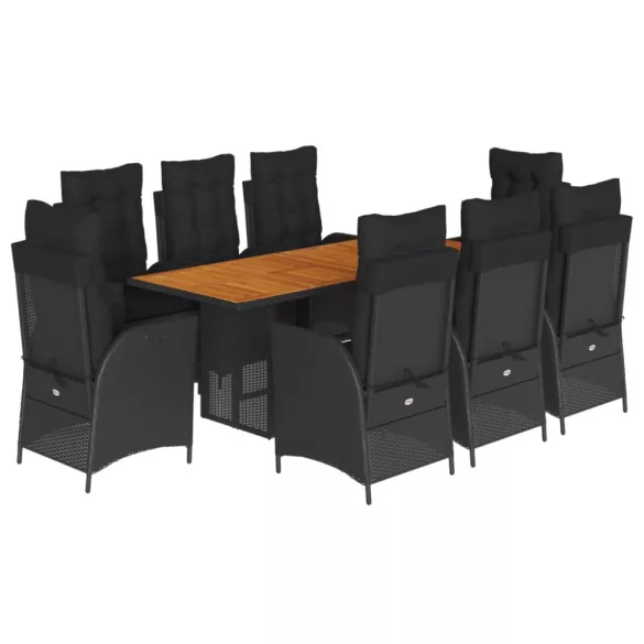 9 részes fekete polyrattan kerti étkezőgarnitúra párnákkal