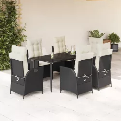  7 részes fekete polyrattan kerti étkezőgarnitúra párnával