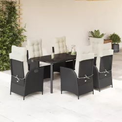   7 részes fekete polyrattan kerti étkezőgarnitúra párnával
