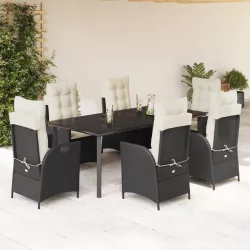   7 részes fekete polyrattan kerti étkezőgarnitúra párnával