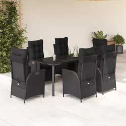   7 részes fekete polyrattan kerti étkezőgarnitúra párnával