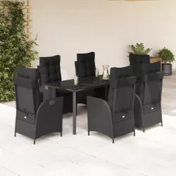   7 részes fekete polyrattan kerti étkezőgarnitúra párnával