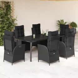   7 részes fekete polyrattan kerti étkezőgarnitúra párnával