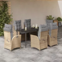   7 részes bézs polyrattan kerti étkezőgarnitúra párnákkal