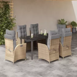   7 részes bézs polyrattan kerti étkezőgarnitúra párnákkal