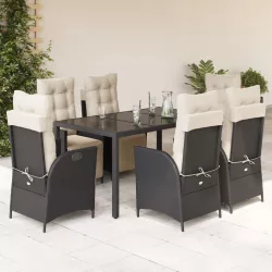   7 részes fekete polyrattan kerti étkezőgarnitúra párnával