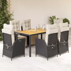   7 részes fekete polyrattan kerti étkezőgarnitúra párnával