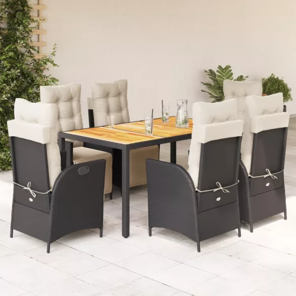 7 részes fekete polyrattan kerti étkezőgarnitúra párnával
