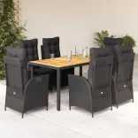 7 részes fekete polyrattan kerti étkezőgarnitúra párnával