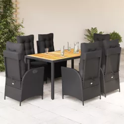   7 részes fekete polyrattan kerti étkezőgarnitúra párnával