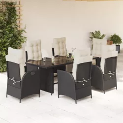   7 részes fekete polyrattan kerti étkezőgarnitúra párnával