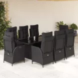 9 részes fekete polyrattan kerti étkezőgarnitúra párnákkal