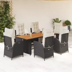   7 részes fekete polyrattan kerti étkezőgarnitúra párnával