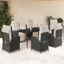   7 részes fekete polyrattan kerti étkezőgarnitúra párnával