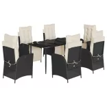 7 részes fekete polyrattan kerti étkezőgarnitúra párnával