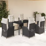 7 részes fekete polyrattan kerti étkezőgarnitúra párnával