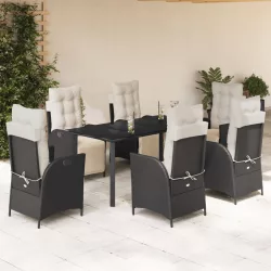   7 részes fekete polyrattan kerti étkezőgarnitúra párnával
