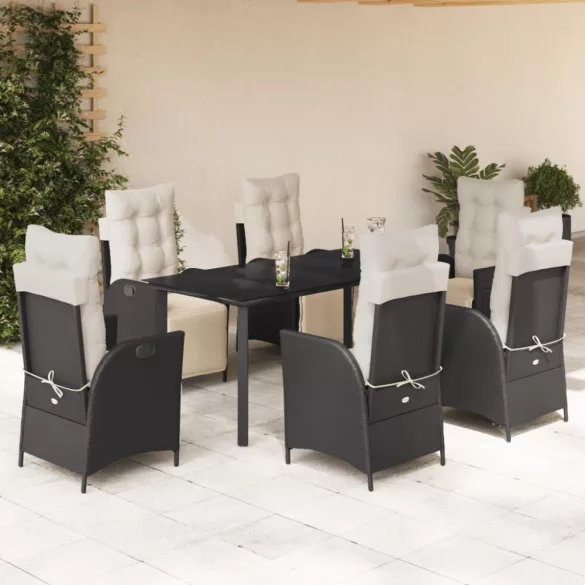 7 részes fekete polyrattan kerti étkezőgarnitúra párnával
