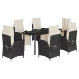 7 részes fekete polyrattan kerti étkezőgarnitúra párnával