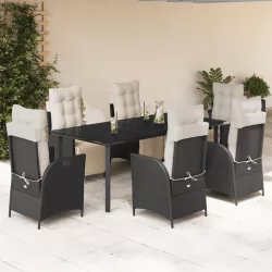   7 részes fekete polyrattan kerti étkezőgarnitúra párnával
