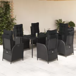   7 részes fekete polyrattan kerti étkezőgarnitúra párnával