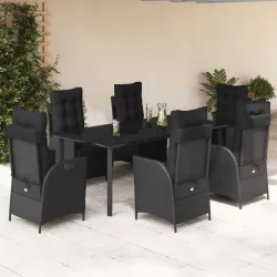   7 részes fekete polyrattan kerti étkezőgarnitúra párnával