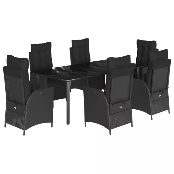 7 részes fekete polyrattan kerti étkezőgarnitúra párnával