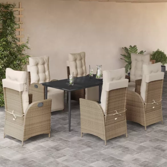 7 részes bézs polyrattan kerti étkezőgarnitúra párnákkal