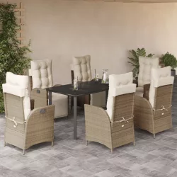   7 részes bézs polyrattan kerti étkezőgarnitúra párnákkal