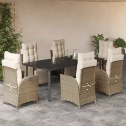   7 részes bézs polyrattan kerti étkezőgarnitúra párnákkal