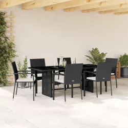   7 részes fekete polyrattan kerti étkezőgarnitúra párnával