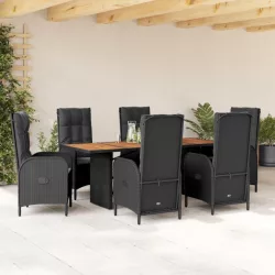   7 részes fekete polyrattan kerti étkezőgarnitúra párnával