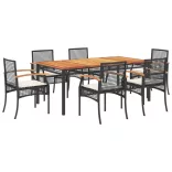 7 részes fekete polyrattan kerti étkezőgarnitúra párnával