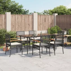   7 részes fekete polyrattan kerti étkezőgarnitúra párnával