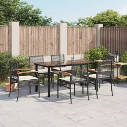   7 részes fekete polyrattan kerti étkezőgarnitúra párnával