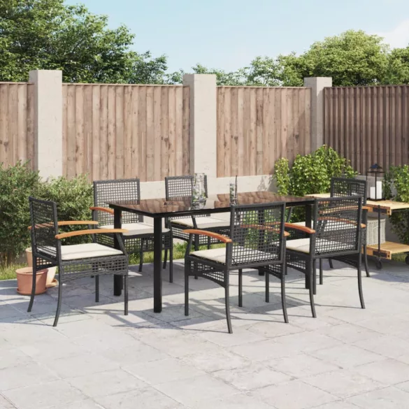 7 részes fekete polyrattan kerti étkezőgarnitúra párnával