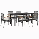 7 részes fekete polyrattan kerti étkezőgarnitúra párnával