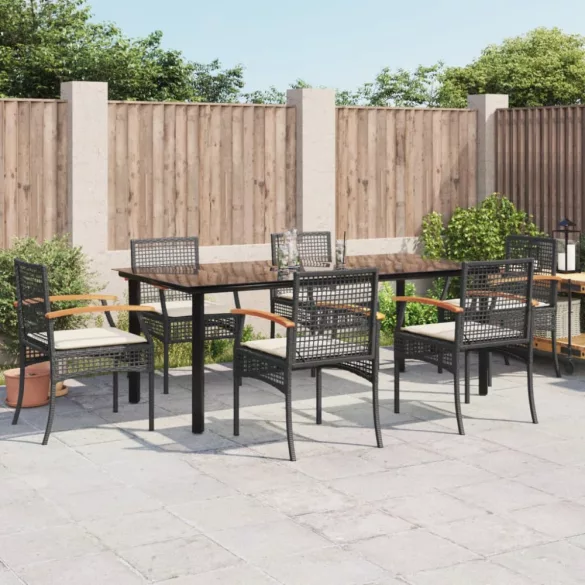 7 részes fekete polyrattan kerti étkezőgarnitúra párnával