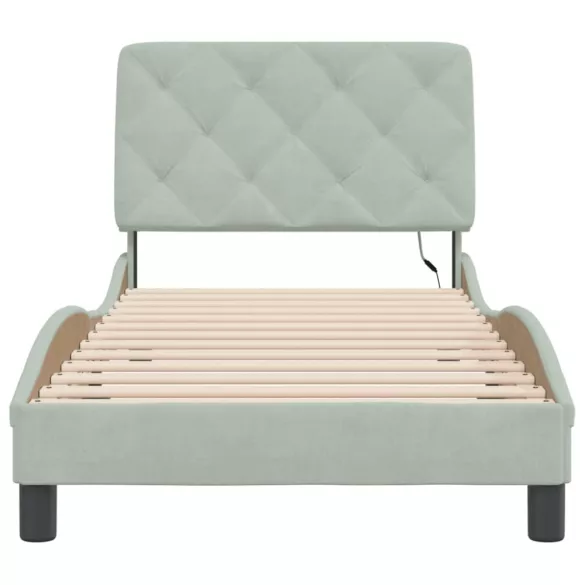 világosszürke bársony ágykeret LED-ekkel matrac nélkül 90 x 190 cm