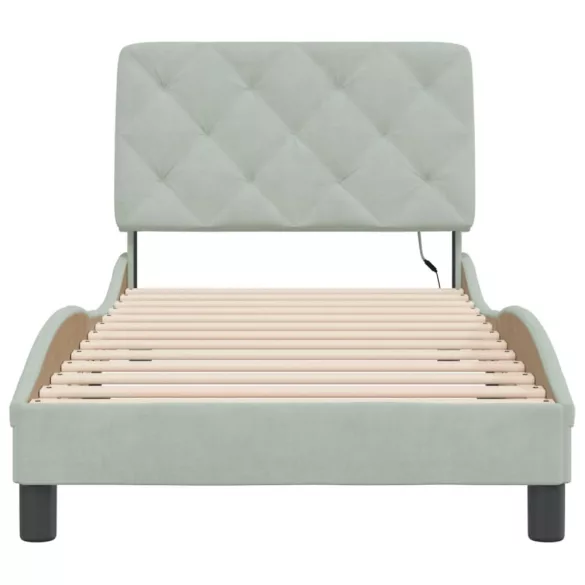 világosszürke bársony ágykeret LED-ekkel matrac nélkül 90 x 200 cm