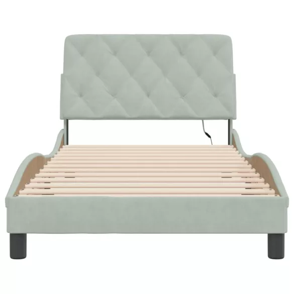 világosszürke bársony ágykeret LED-ekkel matrac nélkül 100 x 200 cm