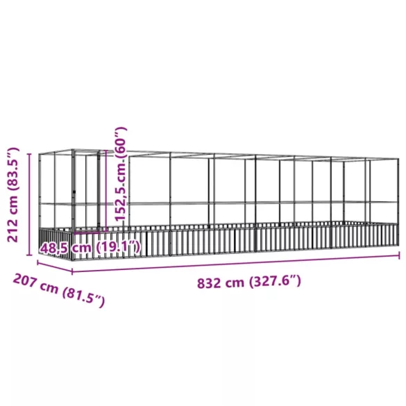 ezüstszínű acél madárház bővítménnyel 832x207x212 cm
