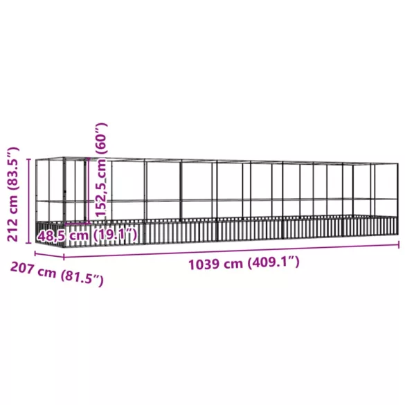 ezüstszínű acél madárház bővítménnyel 1039x207x212 cm