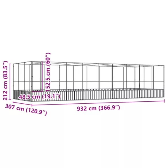 ezüstszínű acél madárház bővítménnyel 932x307x212 cm