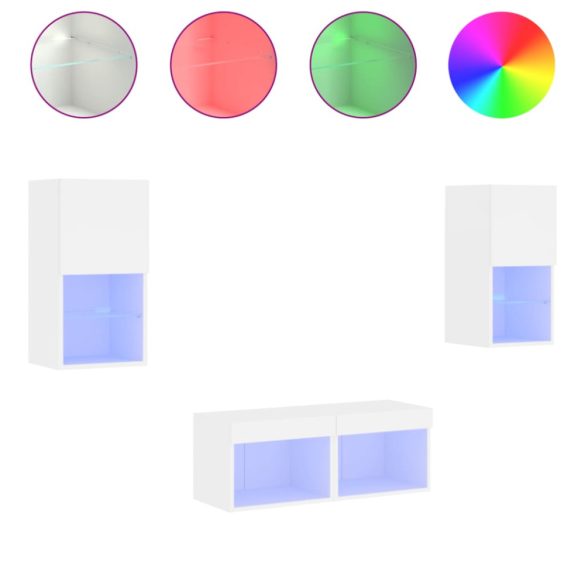 4 darab fehér falra szerelhető TV-szekrény LED-del