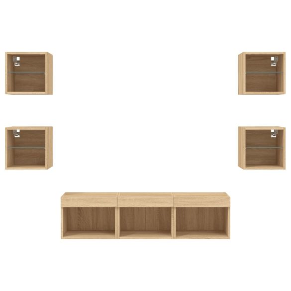 7 darab füstös tölgy színű szerelt fa TV-bútor LED-del