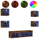 7 darab füstös tölgy színű szerelt fa TV-bútor LED-del