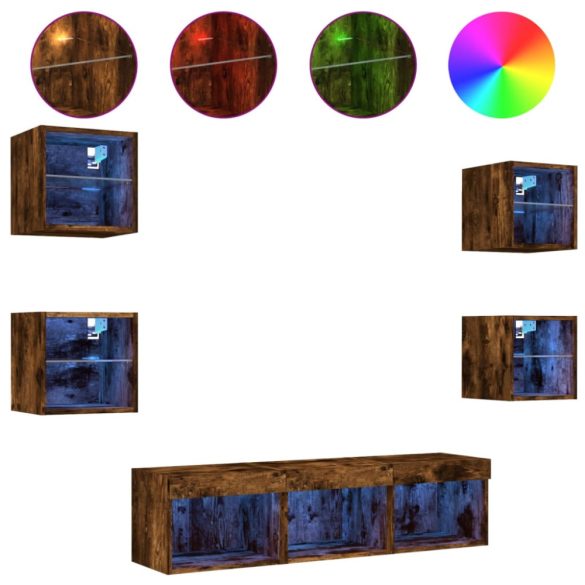 7 darab füstös tölgy színű szerelt fa TV-bútor LED-del