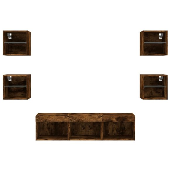 7 darab füstös tölgy színű szerelt fa TV-bútor LED-del