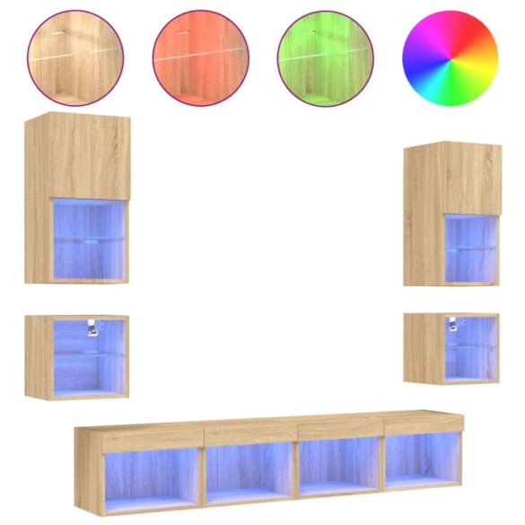 8 darab füstös tölgy színű szerelt fa TV-bútor LED-del